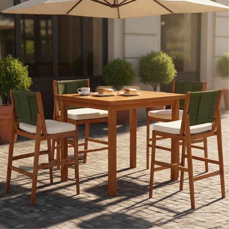 4 pièces Tabouret de bar d'extérieur vert en bois d'acacia massif et osier tissé Arly, Green