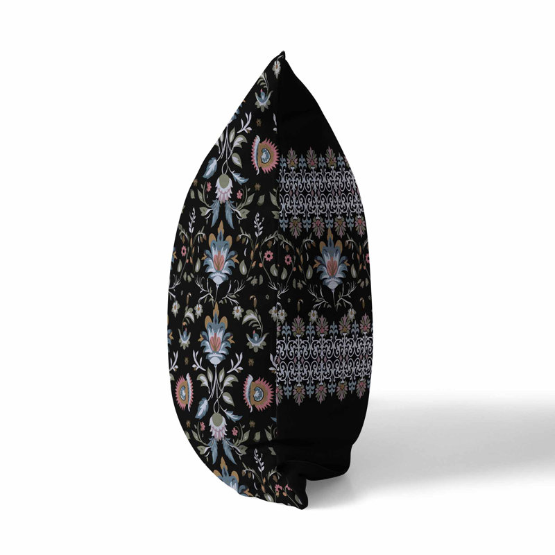 Black and Pink Floral Reversible Square Throw Pillow