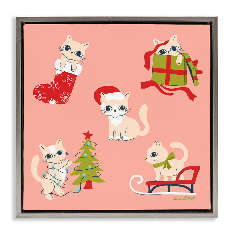 Art mural sur toile, "Fêtes des chats" par Carrie Cantwell, H 18 po x l 18 po, Cadre flottant gris lustré