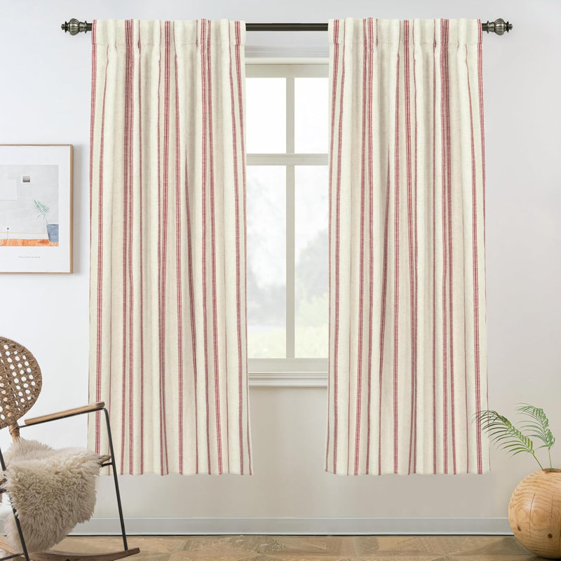 Paire de rideaux occultant, Rayures rouges / lin clair, L 52 po x L 36 po