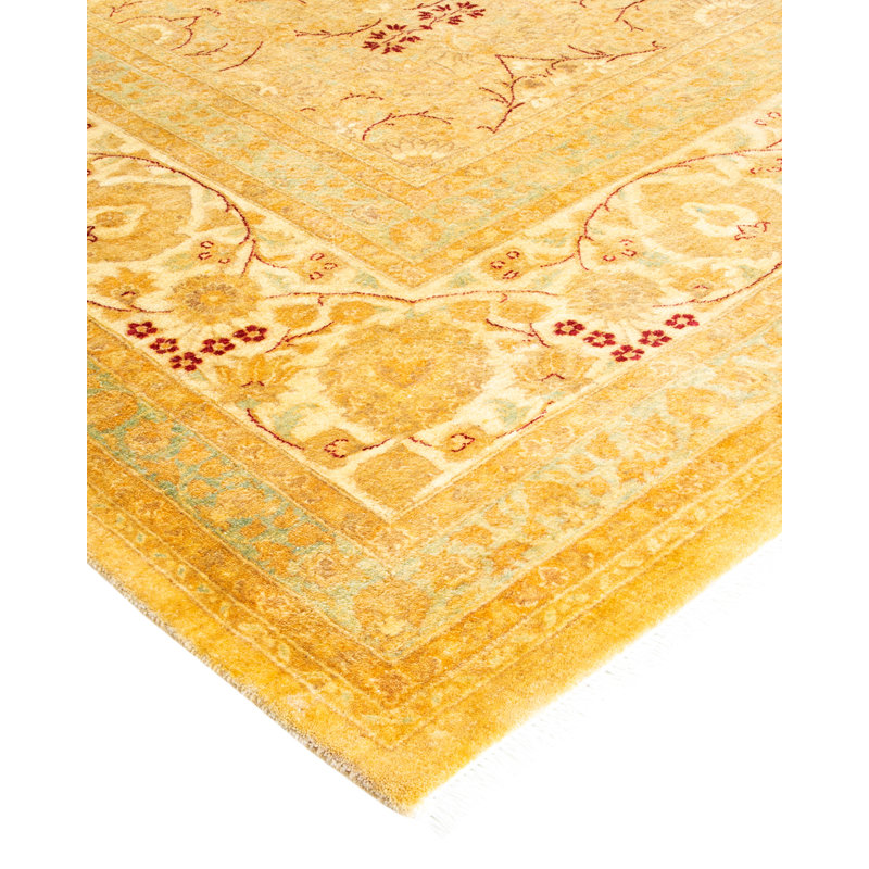 Tapis unique ivoire / jaune / rouge noué à la main 8 pi 3 po x 10 pi 3 po Hayner