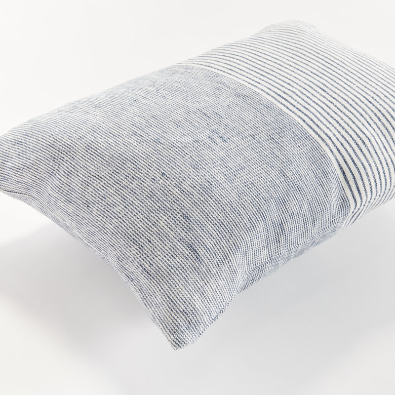 Jules European Flax Fiber Pillow Cover & Insert, Rectangle 14" H x 20" W, Knife Edge, Navy/Ivory/Pinstripe