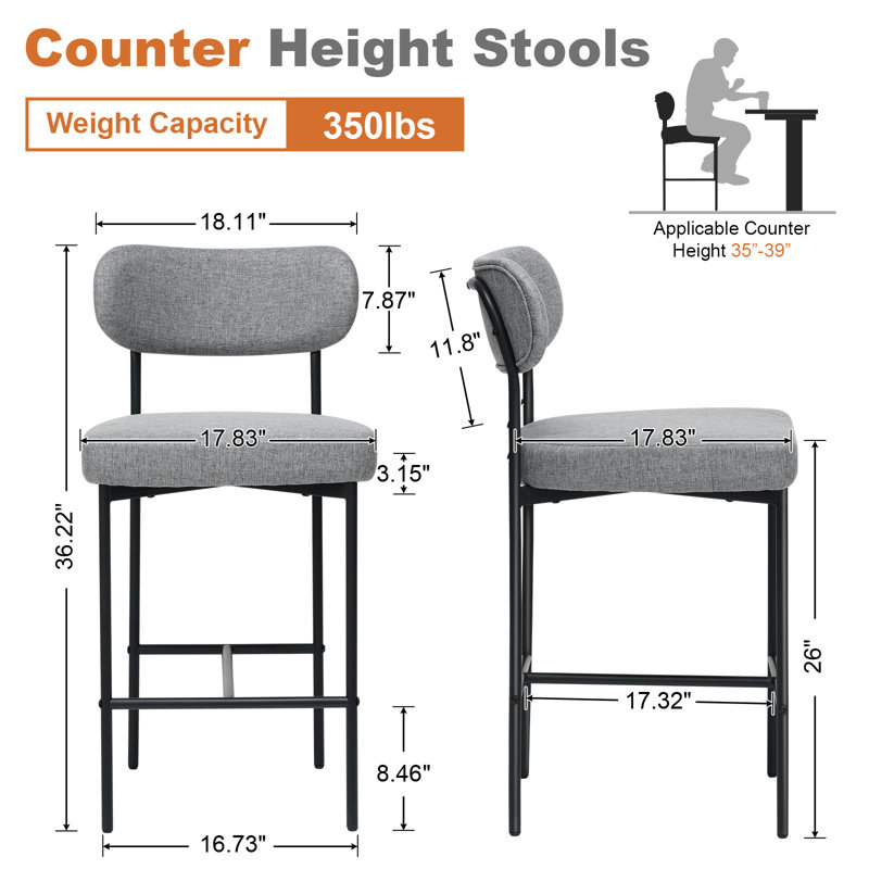 Tabourets de comptoir en tissu avec repose-pieds réglables, Tabouret de comptoir (siège d'une hauteur de 26 p, Gris, 3