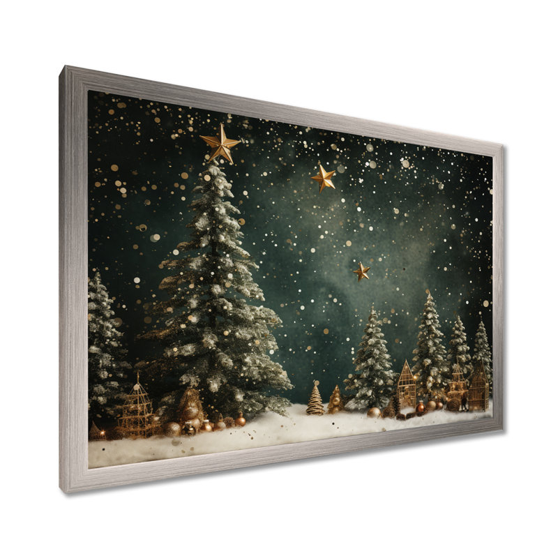 Décoration de sapin vert de Noël - Art mural sur toile de pin, H 24 po x l 32 po, Argent argent, Impression encadrée