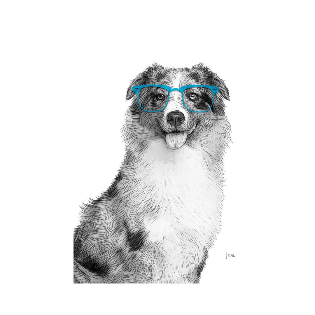 Australian Shepherd with Blue Glasses by Printable Lisa's Pets - Wrapped Canvas Painting