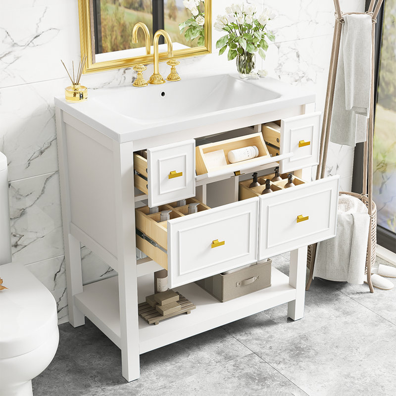 Ensemble de meuble-lavabo simple 30,01 po avec plateau en bois massif Maléke, Blanc