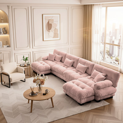 Free-Combination U-Shaped Modular Cloud Sectional Sofa with Deep Seats and 2 Convertible Ottomans, Chenille Blush