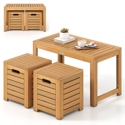 Ensemble de 3 tables basses d'extérieur en bois d'acacia avec tabourets