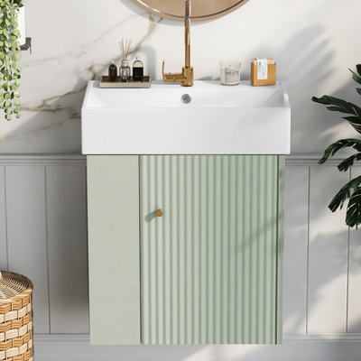 Meuble-lavabo de salle de bain avec lavabo en céramique - armoire flottante de 21,6 po, boîte de rangement pour éponges à gauche, trou de trop-plein, armoire pratique pour salle de bain de 21,6 po, petites salles de bain, rangement, trou unique