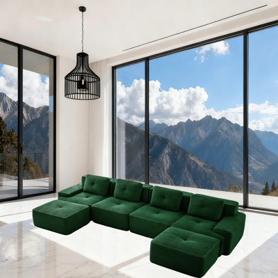 Canapé modulaire en U de 153 po en velours côtelé modulaire vert, 2 repose-pieds et siège profond, sans assemblage