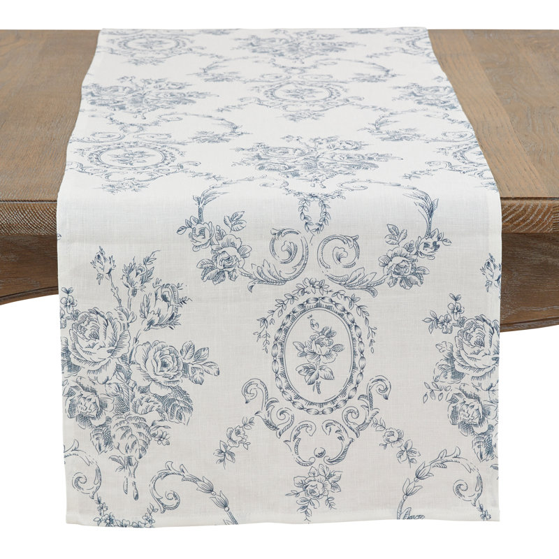 Vickrey Floral and Toile Linen Table Runner, Olive, 72" x 16"