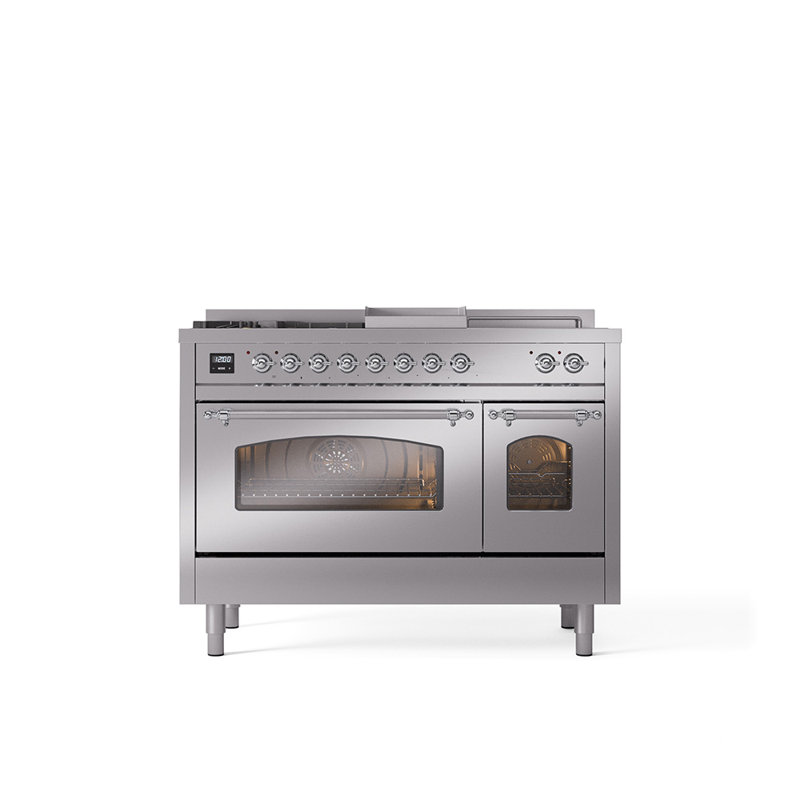 ILVE Nostalgie II Series 48 inch Dual Fuel Range with 5 Sealed Burners, Griddle, Frenchtop (Glass Door), Liquid Propane