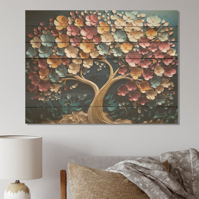 Colorful Golden Orchid Tree Garden Of Branches VI - Tree On Wood Print