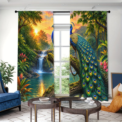 2PCS Majestic Peacock Waterfall Tropical Forest Landscape Thin Light Filtering Curtains, Vibrant Nature Scenery Decor, Easy Install Rod Pocket Design, All-Season Room Divider for Living Bedroom Dormitory