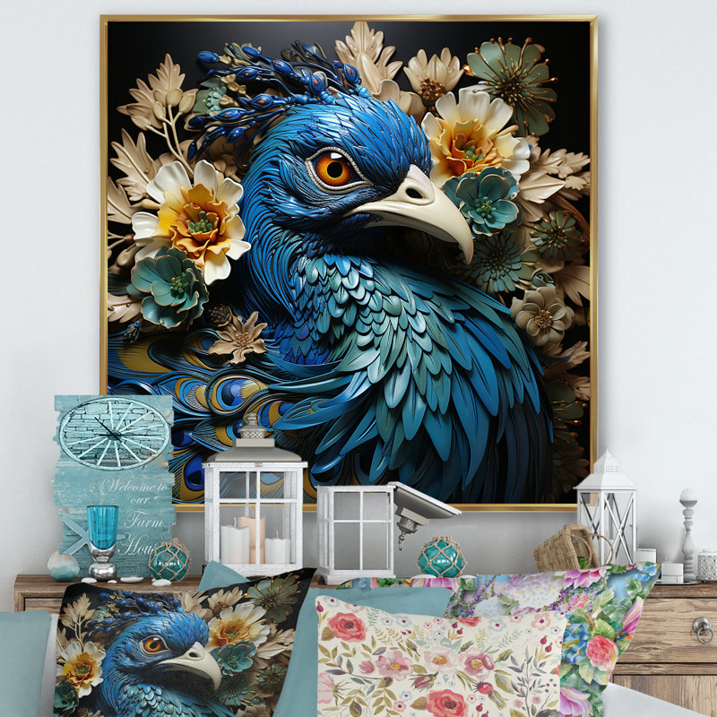 Majestic Flowerful Peacocks Harmony sur toile, Cadre flottant doré, H 24 po x l 24 po