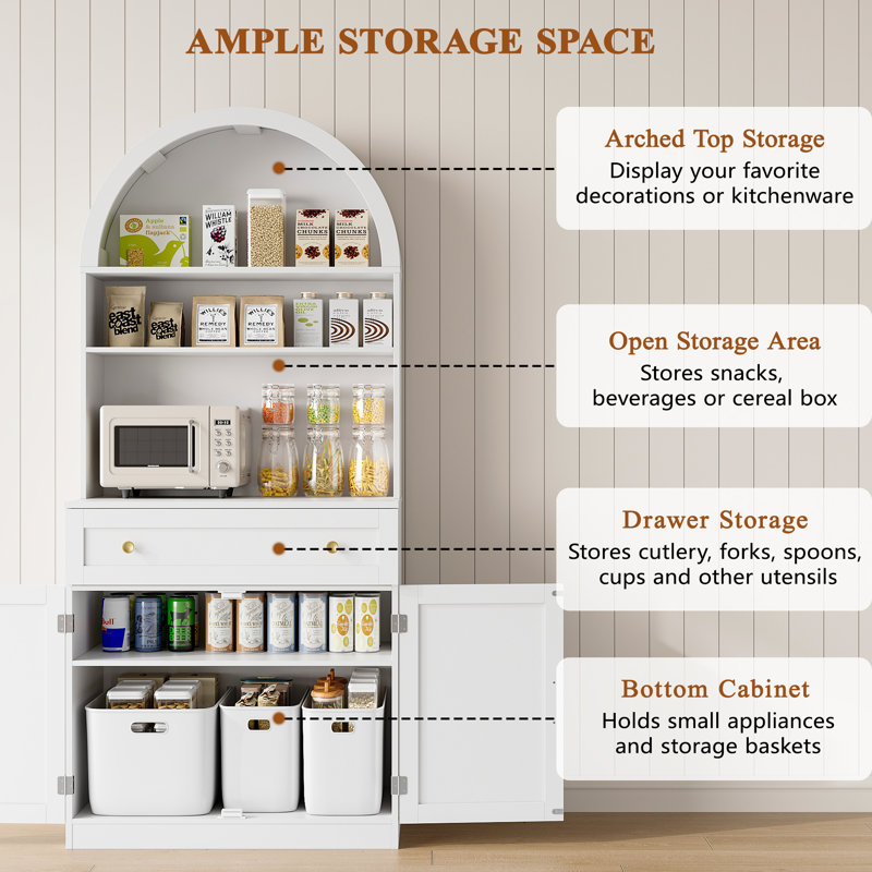 70" Tall Arched Kitchen Pantry, Modern Kitchen Storage Cabinets with Open Shelves