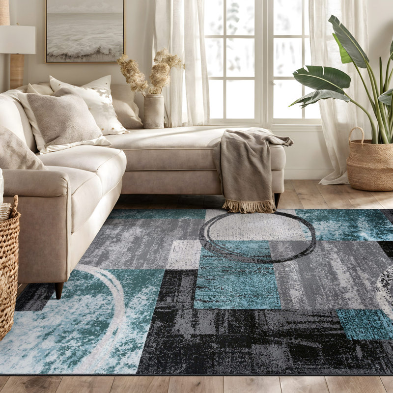 Tapis moderne performance gris, ivoire et bleu à motif abstrait Fanton, Bleu/gris, Rectangle 6 pi 6 po x 9 pi