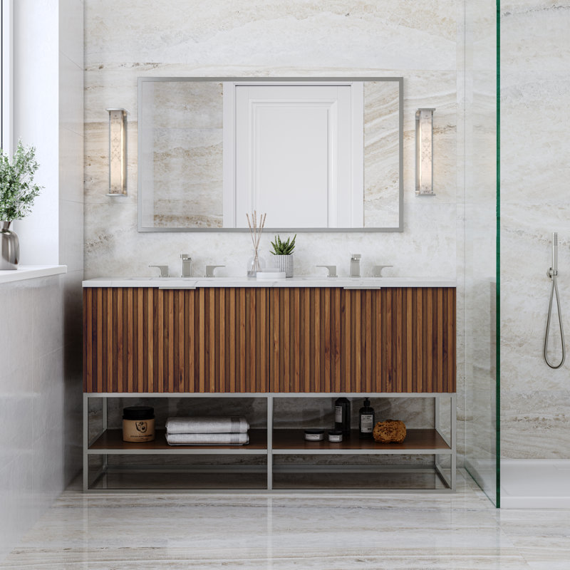 Terra 60'' W Double Vanity, Brushed Nickel, Calacatta Quartz/Widespread, Walnut