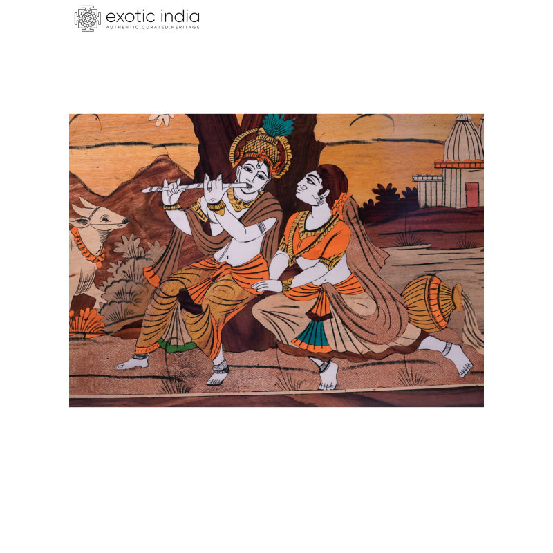 31 "Radha Krishna, scène de coucher de soleil, panneau mural incrusté en bois 3D, art spirituel pour décoration romantique