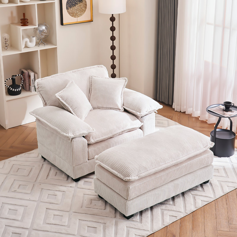 Artiomas 46.9-Inch Single Sofa, Upholstered Corduroy Armchair With Ottoman, White Corduroy