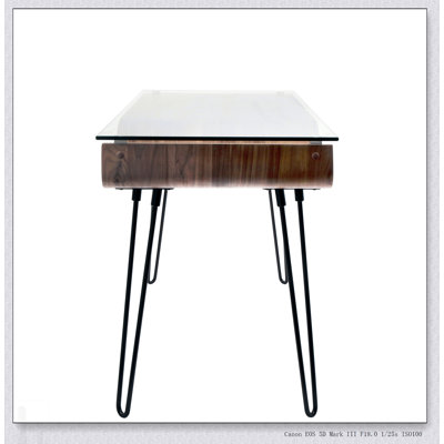 Bureau Avery de style Mid-Century moderne en bois cintré élégant et en verre trempé transparent, idéal pour le bureau à domicile et les petits espaces