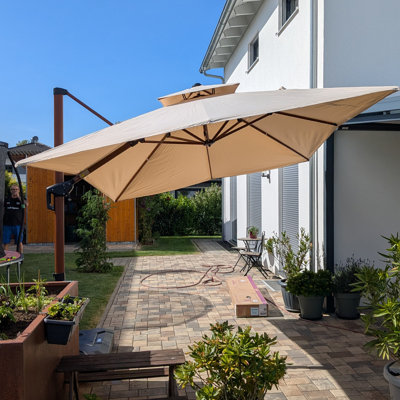 Waler 9' x 9' Square Wood Pattern Cantilever Umbrella,Beige