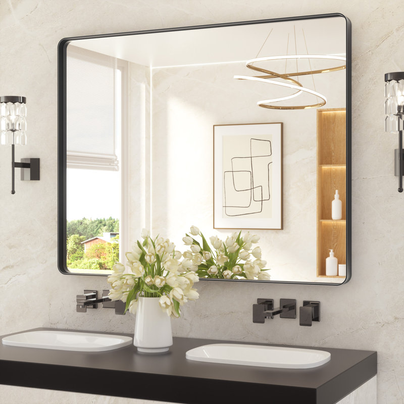 Miroir de salle de bain plombier en aluminium incassable et résistant à la rouille , Noir mat, Rectangulaire, 40 po x 48 po