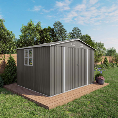 Remise de rangement extérieure 10 X 8 pi, grande remise de rangement en métal, porte verrouillable et évent d'air, remise pour outils de jardin à fenêtre transparente pour vélos, outils, tondeuses à gazon, arrière-cours, patios, pelouses - Gris