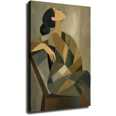 Impression sur toile, art mural cubiste géométrique, femme assise sur une chaise, neutre, ton de terre, portrait, décoration murale