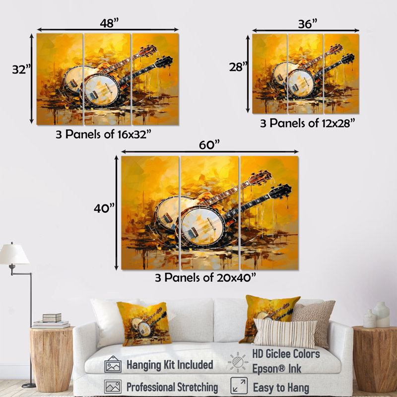 «Music Banjo Bliss Sunny Yellow I», ensemble de reproductions d'art mural musical, H 28 po x l 36 po x P 1 po, Toile tendue