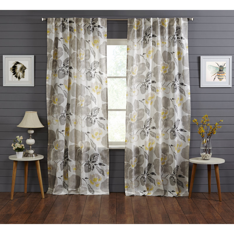 Floral Print 100% Linen Light Filtering Curtain Panel with Back Tabs for Bedroom, 52" W x 108" L