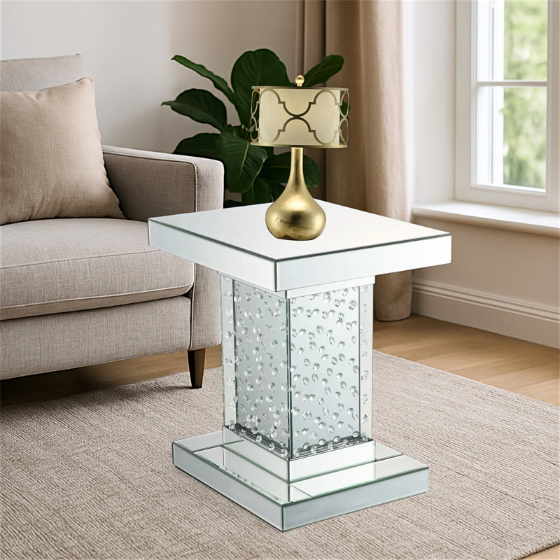Table de bout à miroir Elegant Iridescence - incrustation de faux cristal avec plateau en verre trempé de 5 mm pour un salon glamour