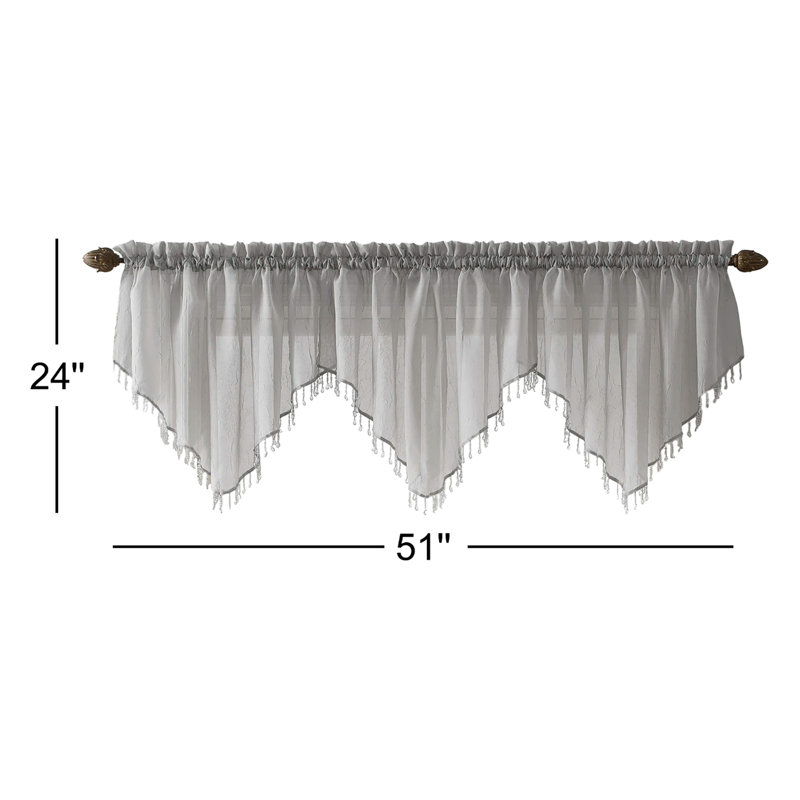 Mardis Beaded Tassels Crushed Sheer Voile Ascot Window Valance, Silver Gray