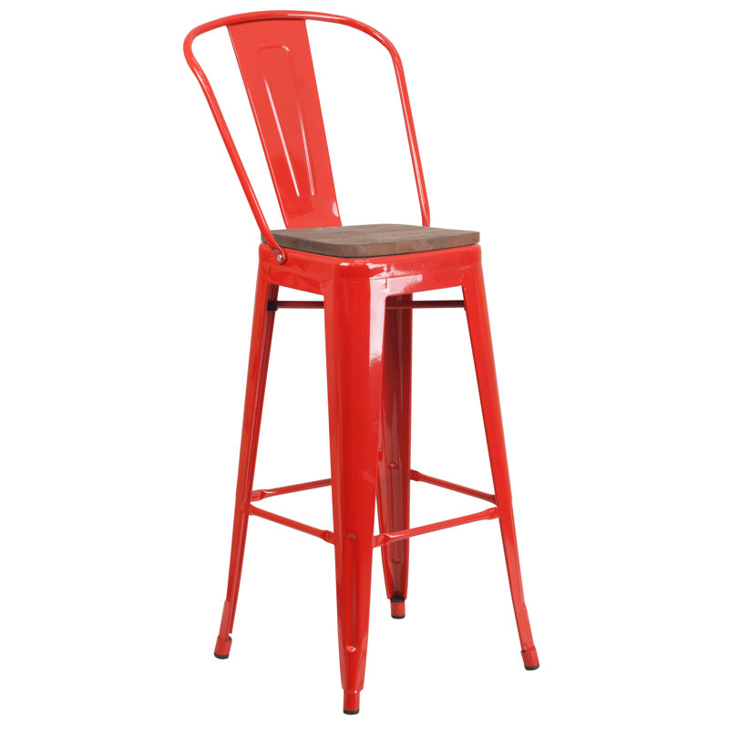 Tabouret de bar ou de comptoir en métal Marian avec dossier et siège en bois Marian, Rouge, 1