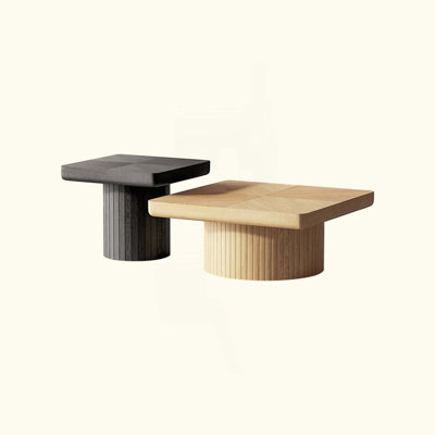 Modern Wood Nesting Coffee Table Set, 2-Piece Coffee Table with Cylindrical & Fluted Pedestal, Minimalist Center Table & Side Table, Versatile Nesting