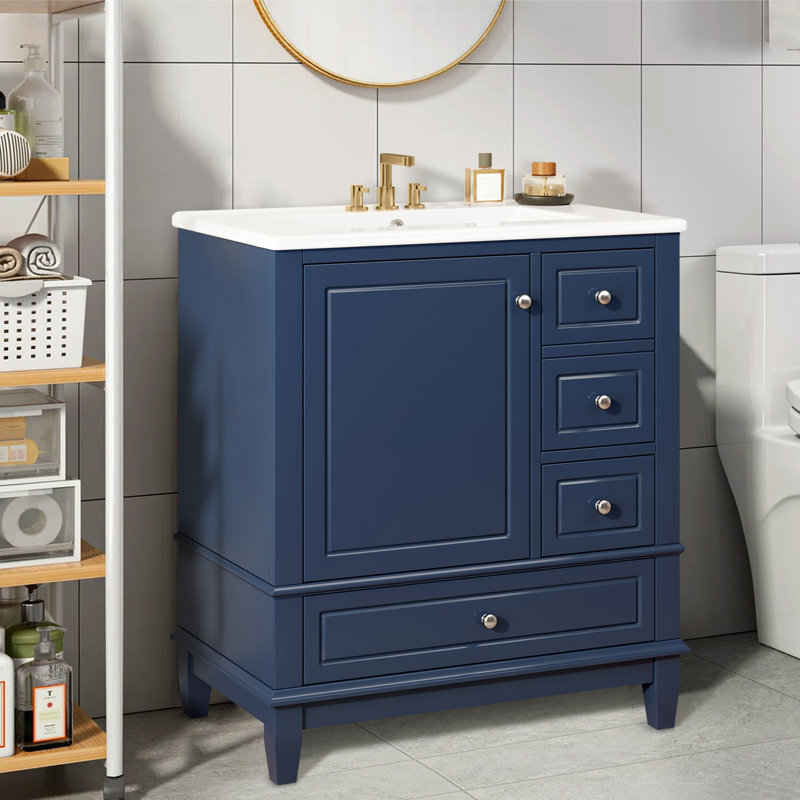 Armoire de meuble-lavabo 30 "avec lavabo en céramique, Bleu, Argent argent