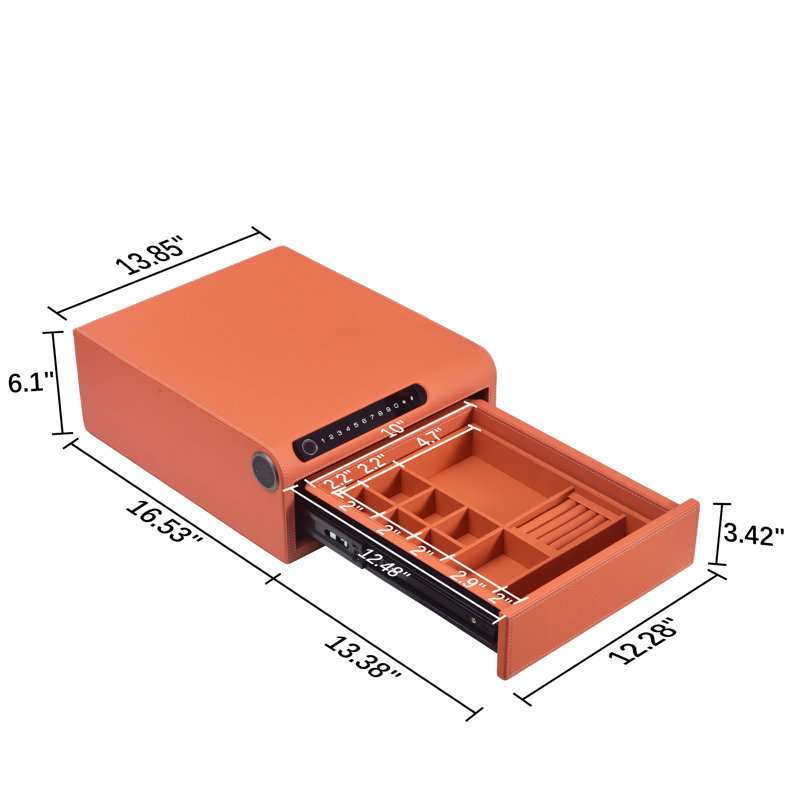 Coffre-fort à bijoux biométrique à empreinte digitale pour la maison, Cuir orange, H 6,1 po x l 18,3 po x P 15,3 po
