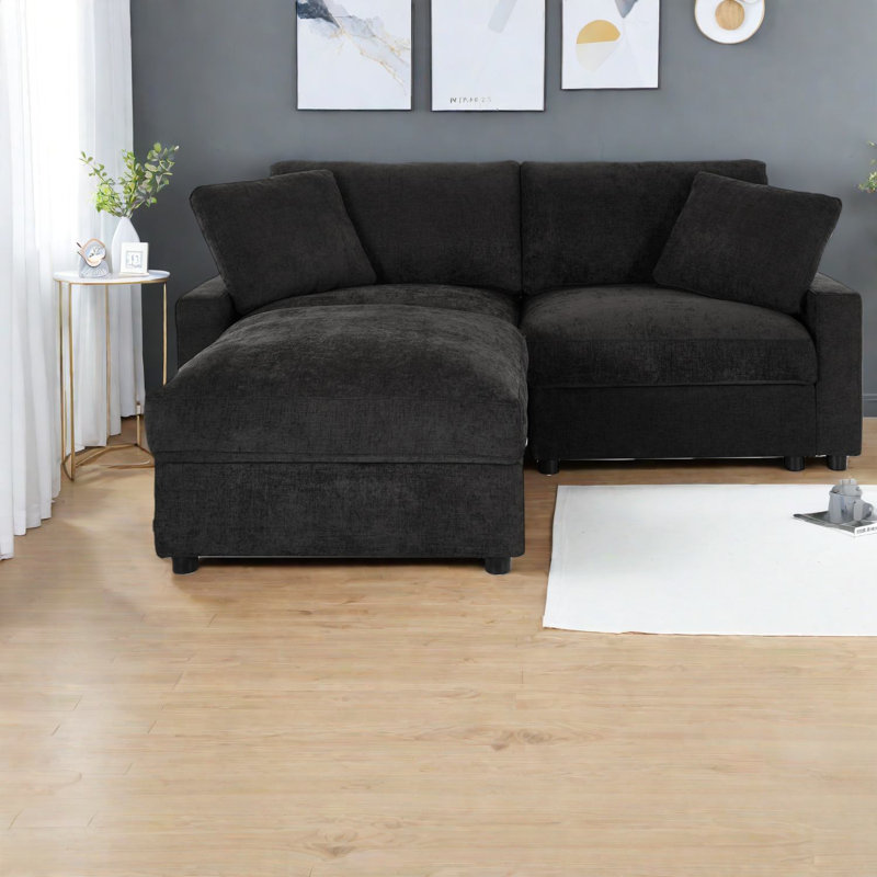 Canapé modulaire en L noir avec rangement, tissu modulaire en polyester avec rangement