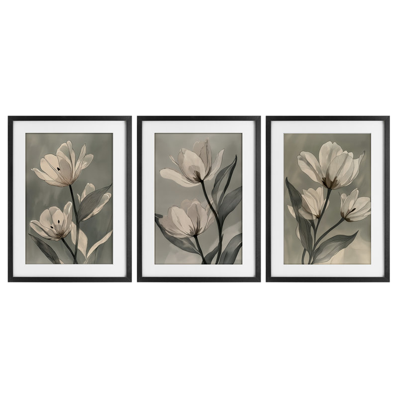 Flower Trios Portraits, ensemble de 3 reproductions encadrées sous verre, design par Annabelle Hall, H 20 po x l 14 po