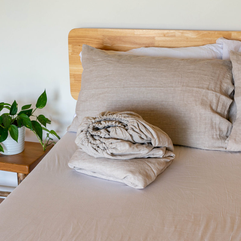 100% French Linen 4 Piece Sheet Set, Beige, Queen Sheet Set with 2 Pillowcases