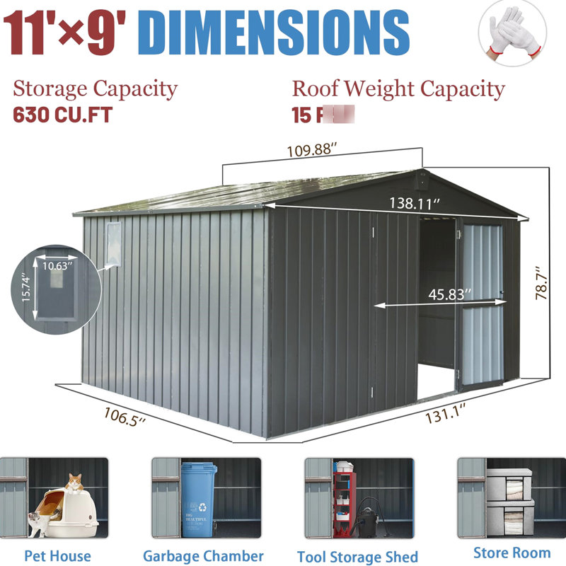 11'x 9' Metal Shed, Dark Gray, Galvanized Steel Build, Lockable Door, Copious Storage For Garden Tools & Bicycles, Construction Outdoor Shed 9', Frame Ample Rust-, Backyard Utility