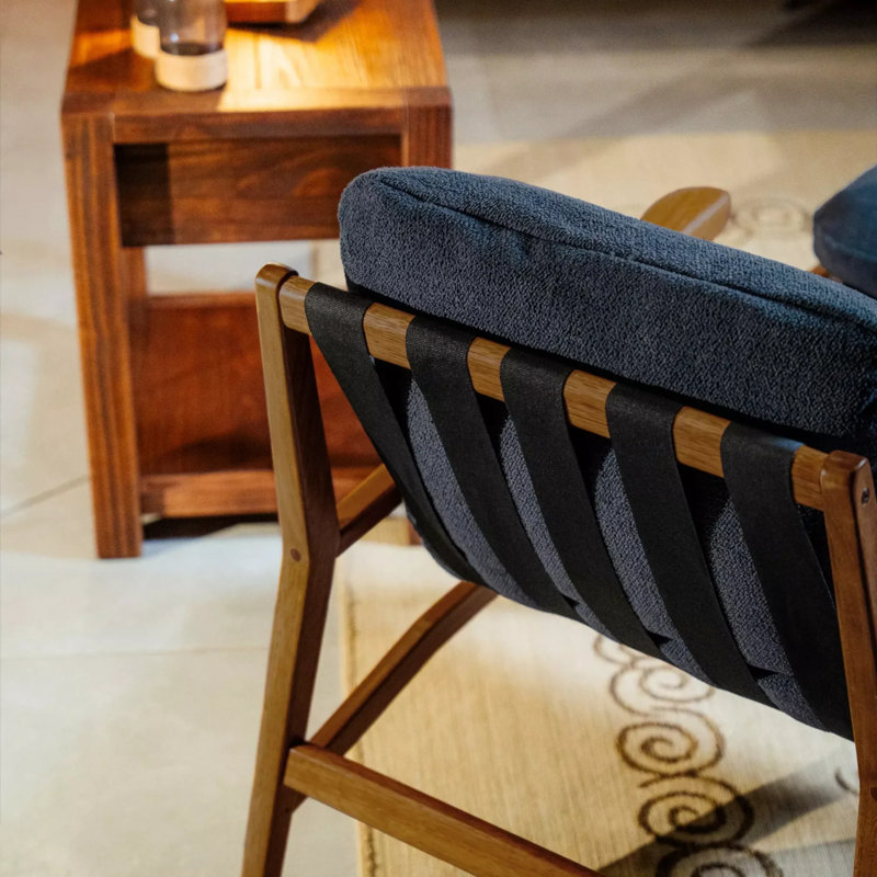 Mid Century Solid Wood Lounge Chair, Indigo Blue Linen Blend, Beechwood