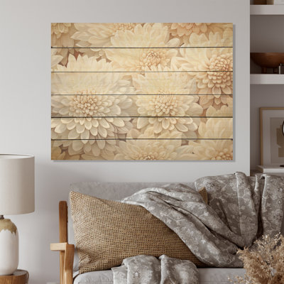 «Pure White Chrysanthemums Mosaic I», art mural sur bois de pin naturel