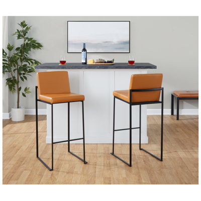 Tabouret de bar contemporain à dossier haut de 76 cm (30 po) en métal noir et similicuir camel - Ensemble de 2
