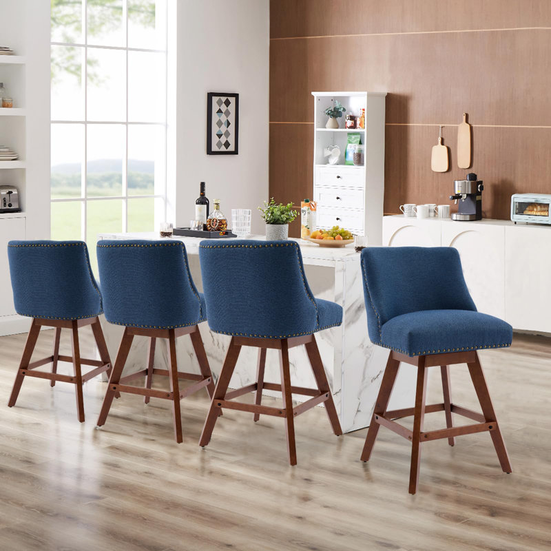 Kitchen Linen Swivel Bar Stools With Solid Wood Legs Upholstered Counter Stools, Blue