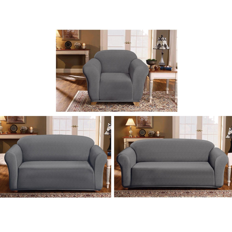 Milan Jacquard Slipcover Box Cushion Sofa Slipcover, Grey Polyester Blend