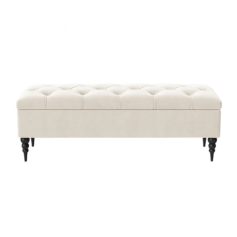 Safar Wide Tufted Rectangle Ottoman Storage Bench – Upholstery Plush Velvet Shoe Bench with Black Turned Wooden Legs, Cream