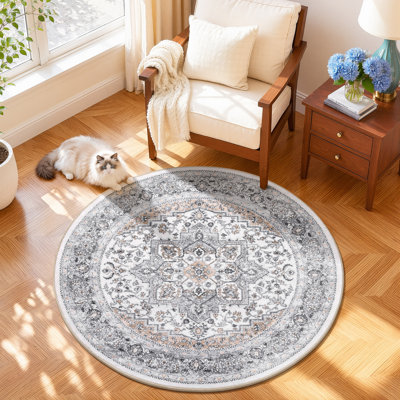 Oriental Round Washable Area Rug Non-Slip Carpet
