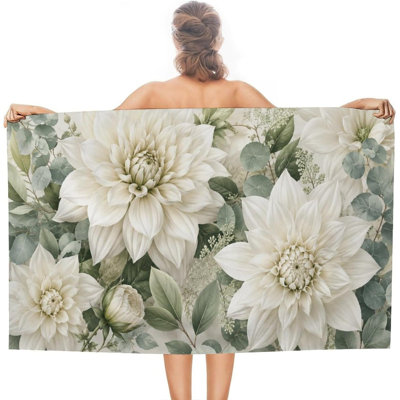 Serviette de plage blanche à motif floral Dahlia, serviette légère en microfibre à séchage rapide sans sable pour piscine, plage, douche, source chaude, yoga, voyage, 60 x 80 po