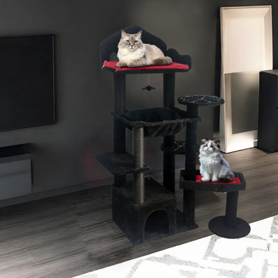 Mobilier de chat noir dans une conception, maison effrayante et tour rembourrée douce avec un endroit en forme de repos, grattage naturel, installation rapide